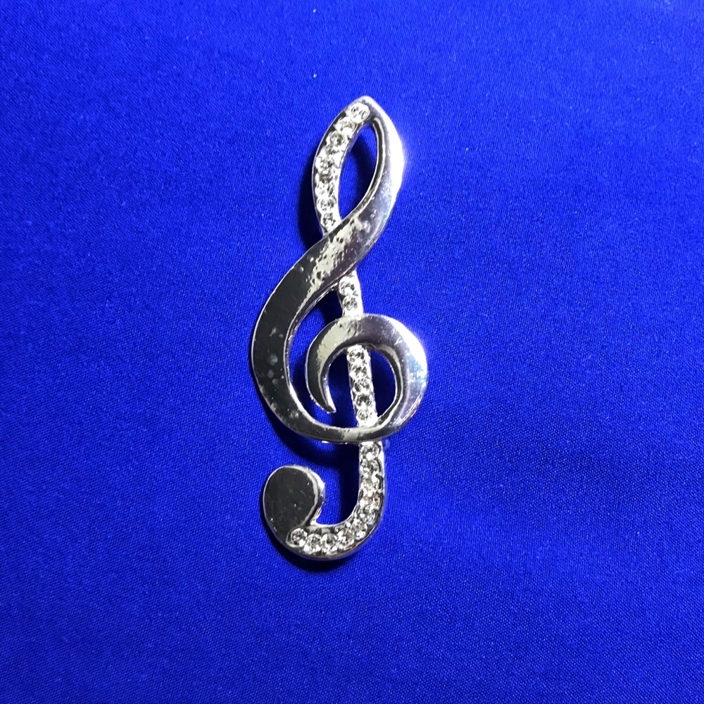 Treble Clef Silver Rhinestone Brooch Pin